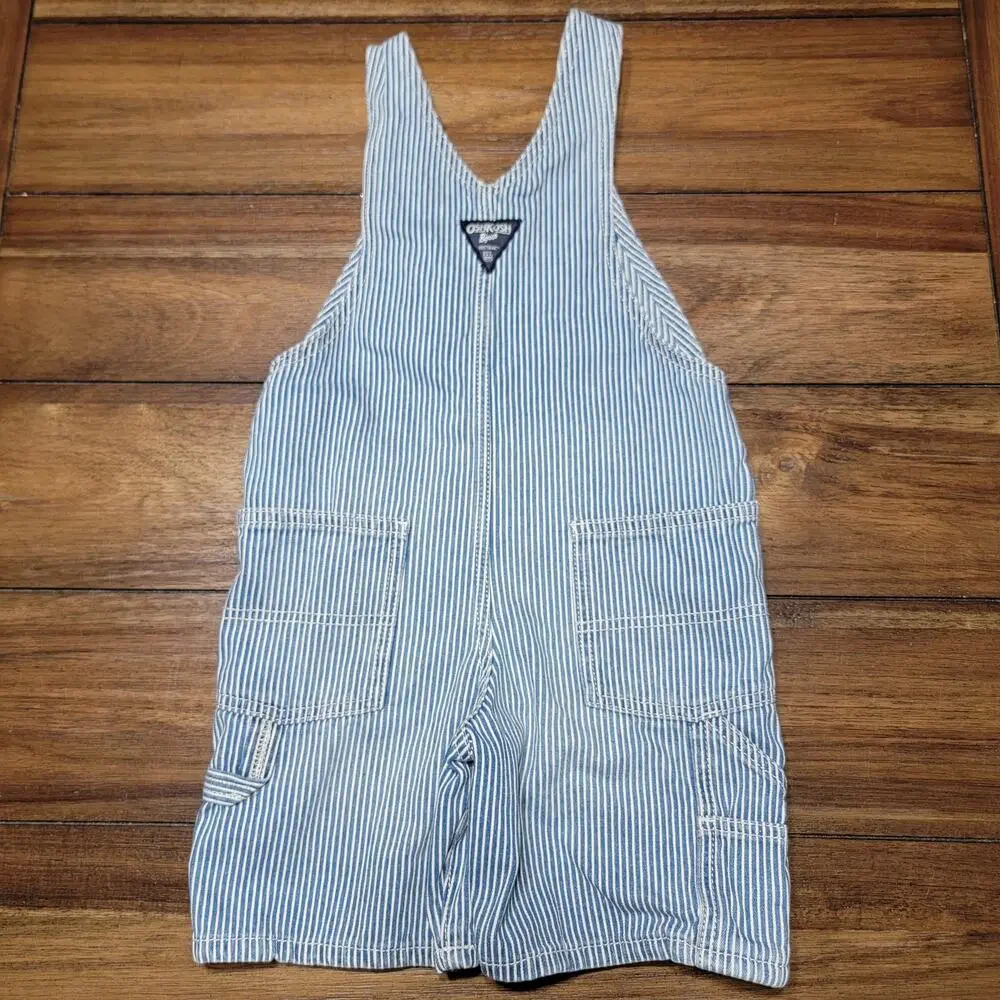 OshKosh B'gosh Blue & White Stripe Train Conductor Style Overalls Shorts - 5T